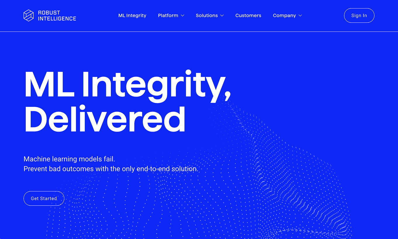 Website header with Robust Intelligence logo, navigation menu, and headline 'ML Integrity, Delivered'.