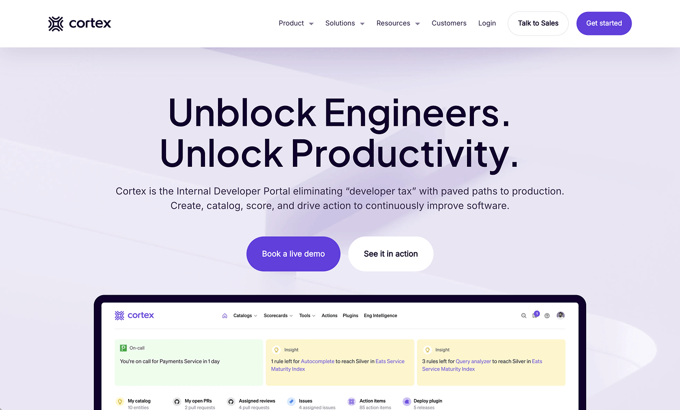 Cortex homepage with header 'Unblock Engineers. Unlock Productivity.' and buttons for demo and action.