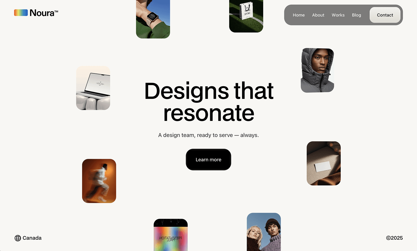 Website header with logo, menu, and centered text: Designs that resonate with photos around it.