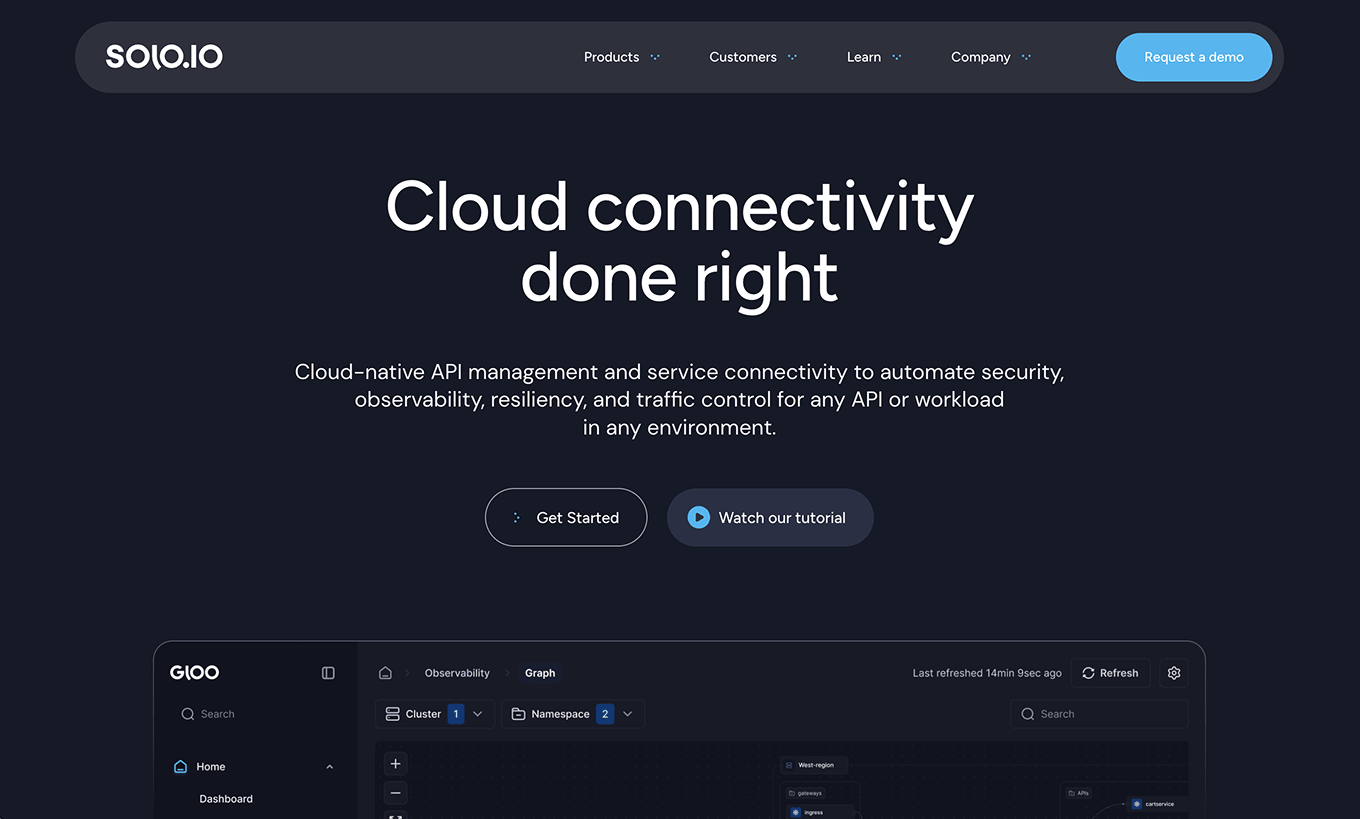Solo.io website header with tagline 'Cloud connectivity done right' and navigation menu.